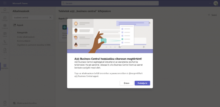 Értesítés Microsoft Teamsben a Business Central applikáció sikeres letöltéséről